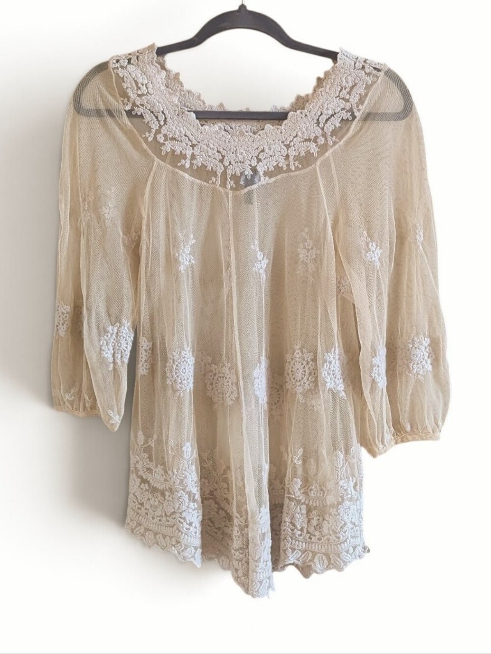 XCVI Cream Beige Mesh Embroidered Lace Top Boho L